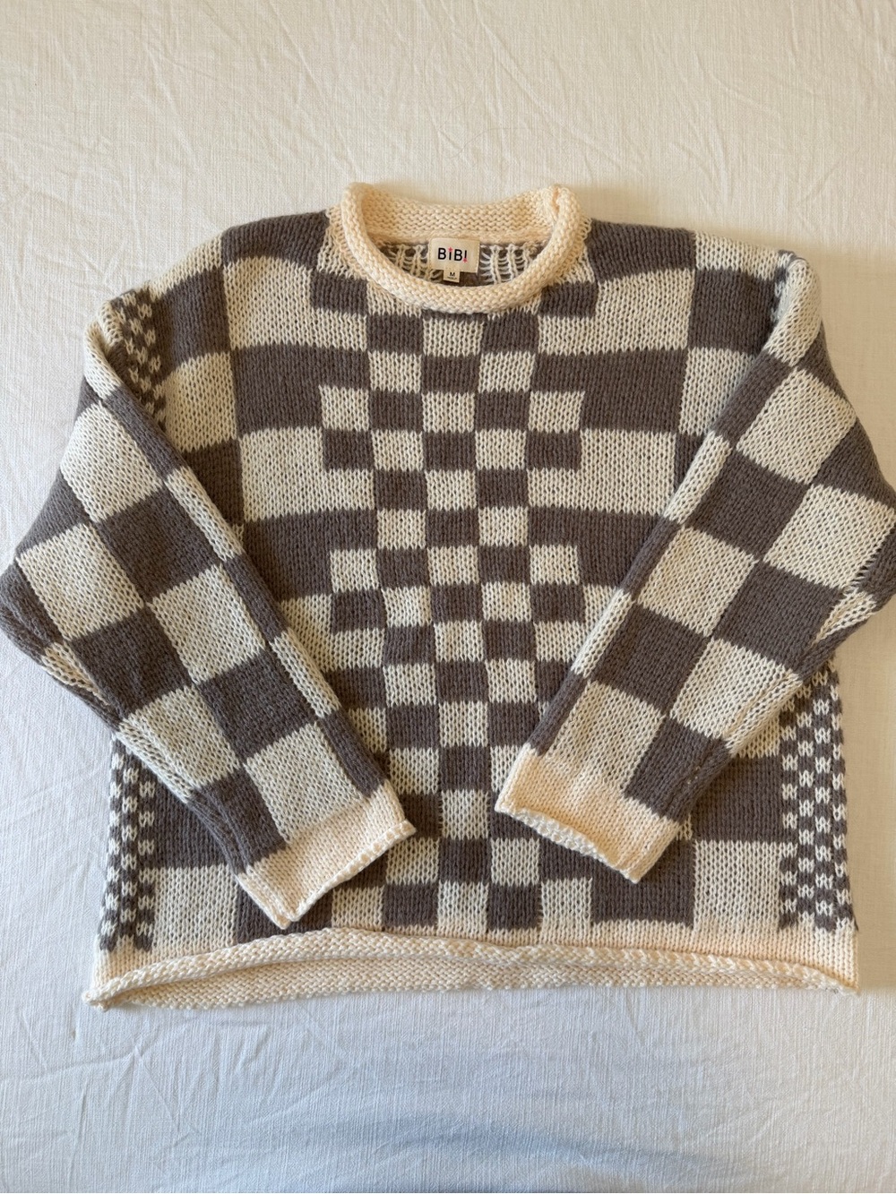 BIBI Checkered Checkerboard Knit Sweater Cream Taupe